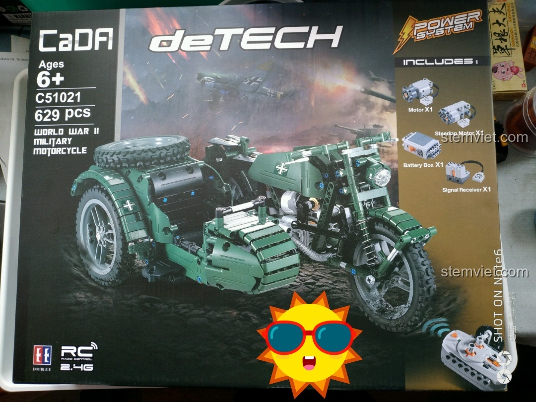 Hộp sản phẩm đồ chơi lắp ghép Mô tô Quân sự Thế chiến II C51021 với hình ảnh mô hình hoàn chỉnh và các chi tiết đi kèm.
