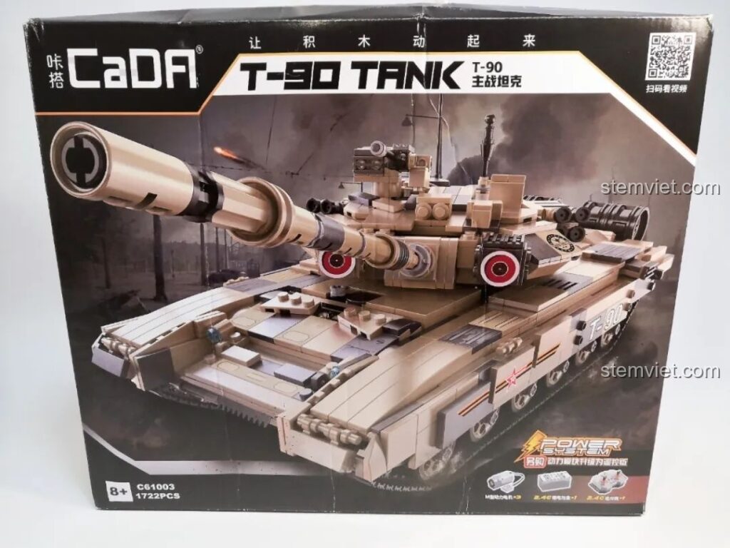 Hộp sản phẩm CaDA T-90 Tank phiên bản động lực với hình ảnh xe tăng ấn tượng.