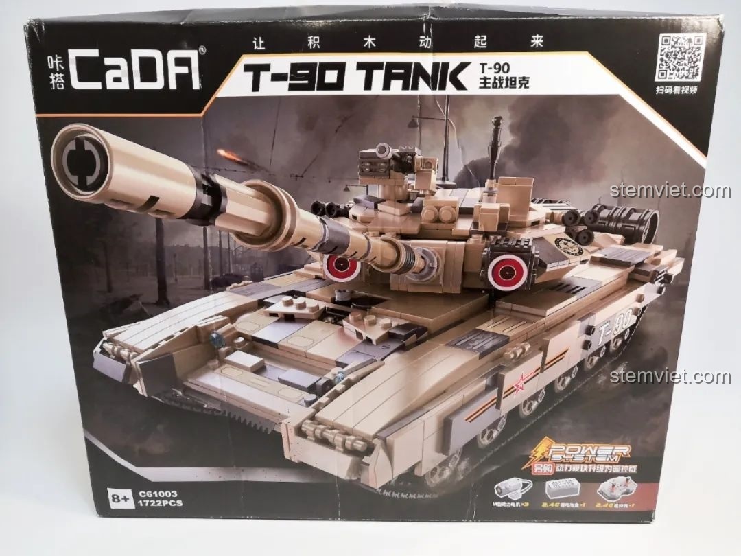 Hộp sản phẩm CaDA T-90 Tank phiên bản động lực với hình ảnh xe tăng ấn tượng.