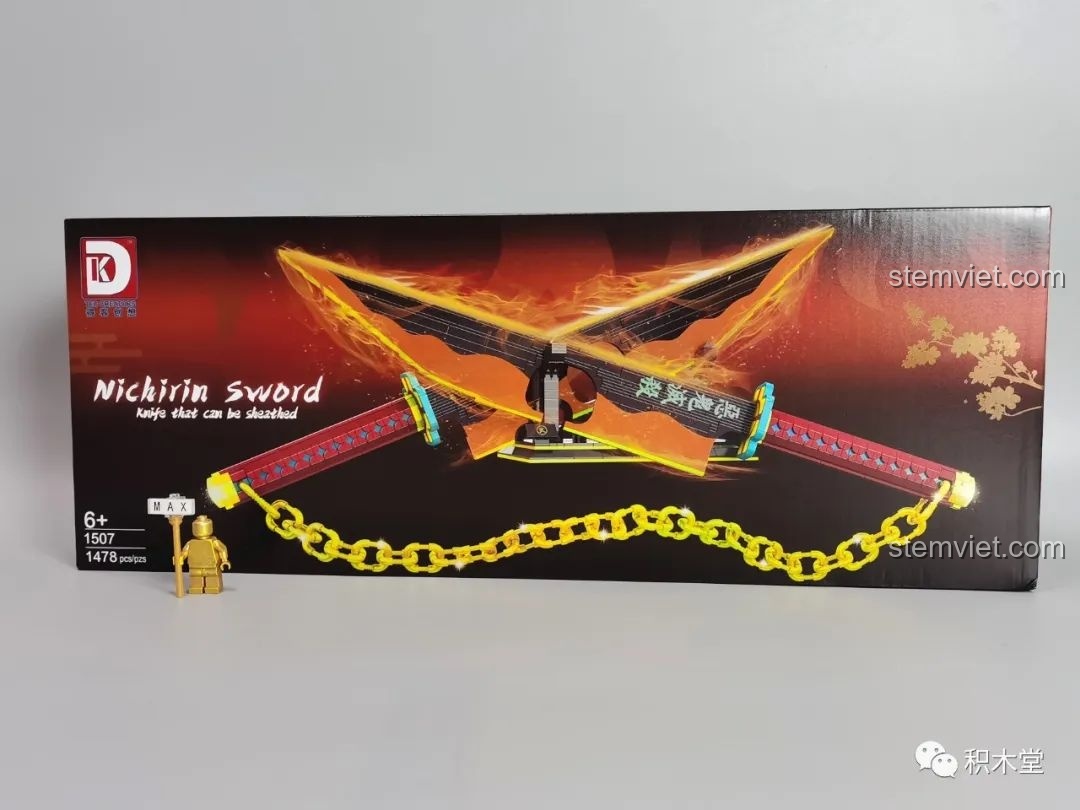 Hộp của bộ lắp ráp DK 1507 Song Đao Nichirin của Âm Trụ Uzui Tengen với hình ảnh sản phẩm rực lửa.