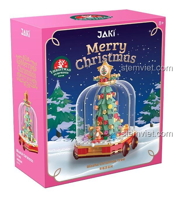 Hộp sản phẩm JAKI JK5163 Bộ đồ chơi Cây Giáng Sinh Hạnh Phúc, Đồ chơi lắp ghép Giáng Sinh cho bé gái 8 tuổi, Tương thích LEGO®, Màu xanh lá, đỏ, trắng, vàng, có tính năng xoay cây thông Noel