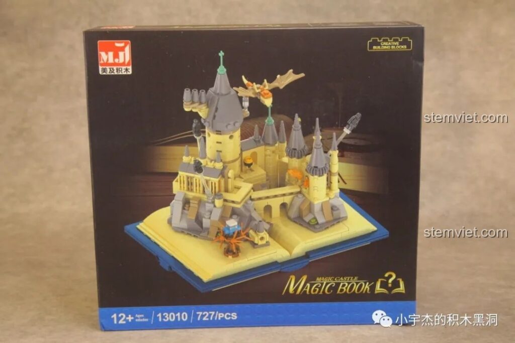 Mặt trước hộp bộ đồ chơi lắp ráp Meiji 13010 Mô hình Lâu đài Hogwarts với hình ảnh sản phẩm hoàn chỉnh.