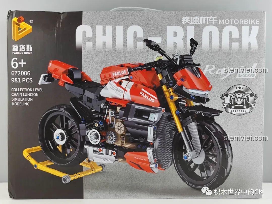 Hộp sản phẩm bộ lắp ráp Mô tô Streetfighter V4 SP 672006 của Panlos Brick, hình ảnh mô tô đỏ đen nổi bật.