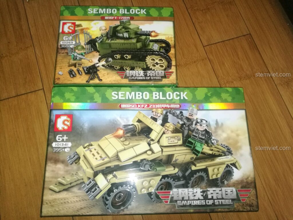 Hộp sản phẩm của hai bộ đồ chơi lắp ghép SEMBO 101269 Xe tăng Renault FT-17 và 101341 Xe bọc thép SD.KFZ.233.
