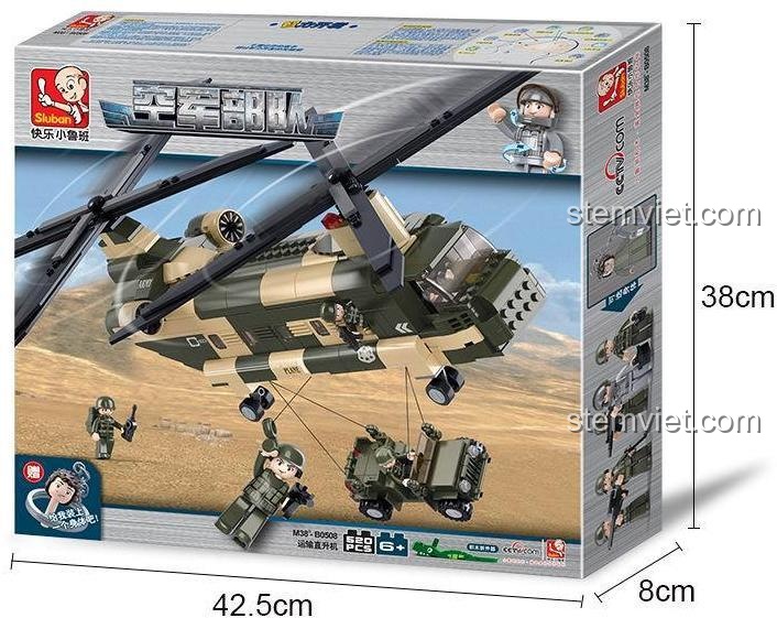 Hộp sản phẩm Sluban M38-B0508 Bộ đồ chơi Xe quân sự Trực thăng vận tải quân sự, Tương thích LEGO®, 520 chi tiết, phù hợp cho bé trai 6 tuổi