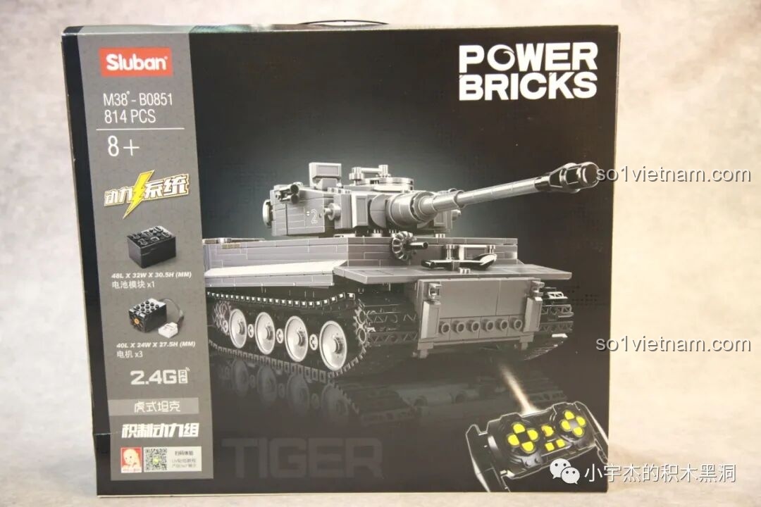 Hộp đựng bộ đồ chơi lắp ráp Sluban M38-B0851 Xe tăng Tiger I với hình ảnh sản phẩm và logo Power Bricks nổi bật.