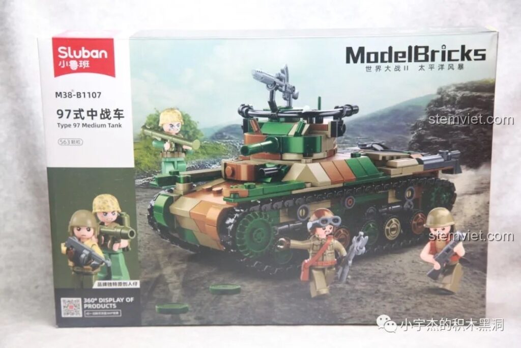 Hộp sản phẩm bộ đồ chơi Xe tăng Kiểu 97 Chi-Ha cho trẻ em từ 8 tuổi Sluban M38-B1107 với hình ảnh mô hình hoàn chỉnh.