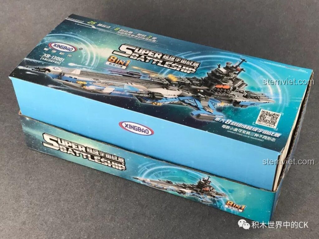 Hộp sản phẩm bộ đồ chơi lắp ráp Xingbao XB-13001 Siêu Chiến Hạm Vũ Trụ Hợp Thể 8 trong 1 dành cho bé trai 6 tuổi.