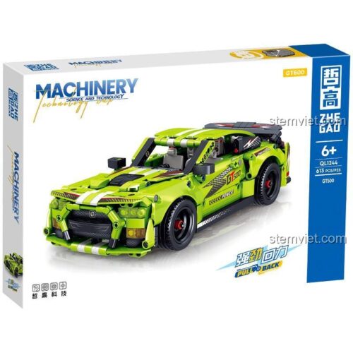 Hộp sản phẩm xe thể thao ZHEGAO QL1244 màu xanh lá, 613 chi tiết, có động cơ dây cót, phù hợp cho bé trai 6 tuổi