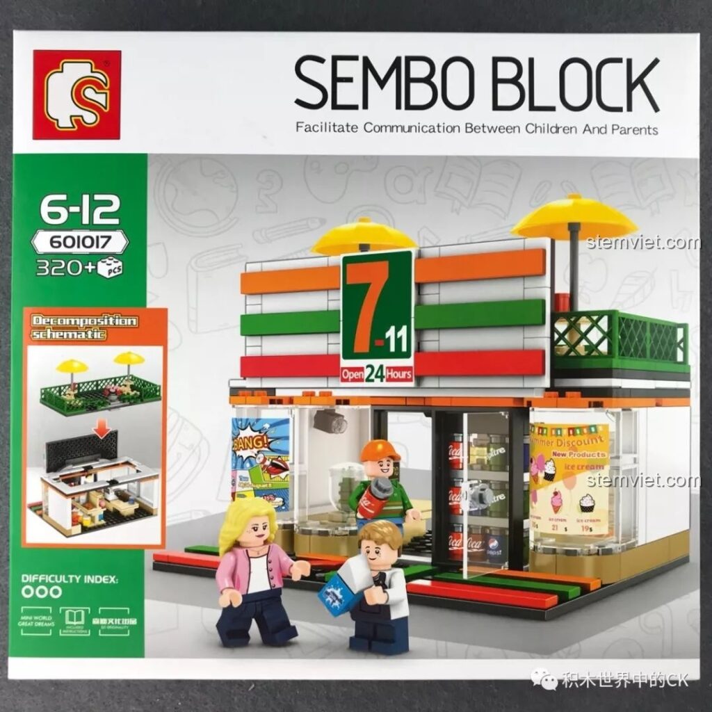Mặt trước hộp bộ đồ chơi lắp ghép SEMBO 601017 Cửa hàng tiện lợi 7-Eleven với hình ảnh mô hình hoàn thiện và 3 minifigures.