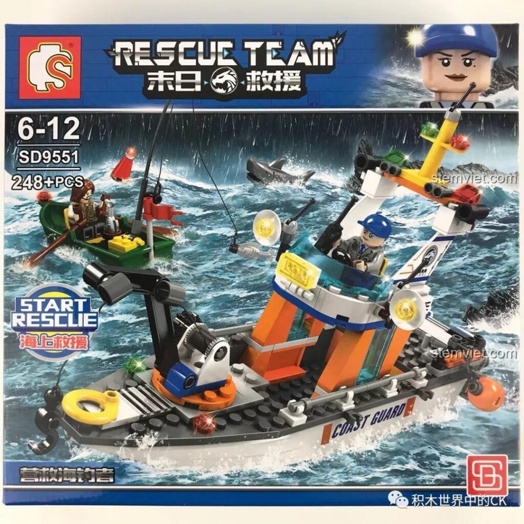 Mặt trước hộp đồ chơi xây dựng SEMBO 9551 Đội Cứu Hộ Bờ Biển Giải Cứu Người Câu Cá với hình ảnh tàu cứu hộ và thuyền nhỏ.
