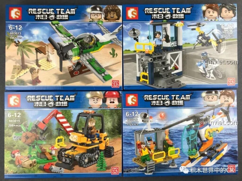Mặt trước của 4 hộp đồ chơi lắp ráp series SEMBO Đội Cứu Hộ Ngày Tận Thế, hiển thị các phương tiện cứu hộ.
