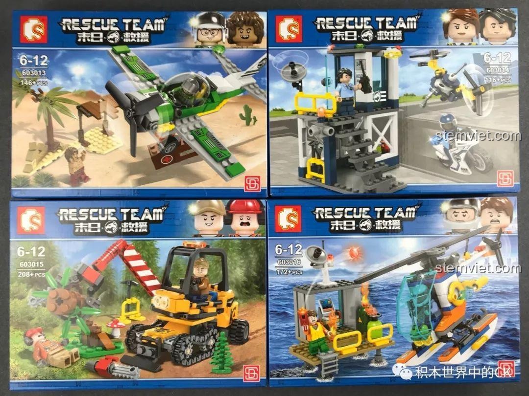 Mặt trước của 4 hộp đồ chơi lắp ráp series SEMBO Đội Cứu Hộ Ngày Tận Thế, hiển thị các phương tiện cứu hộ.