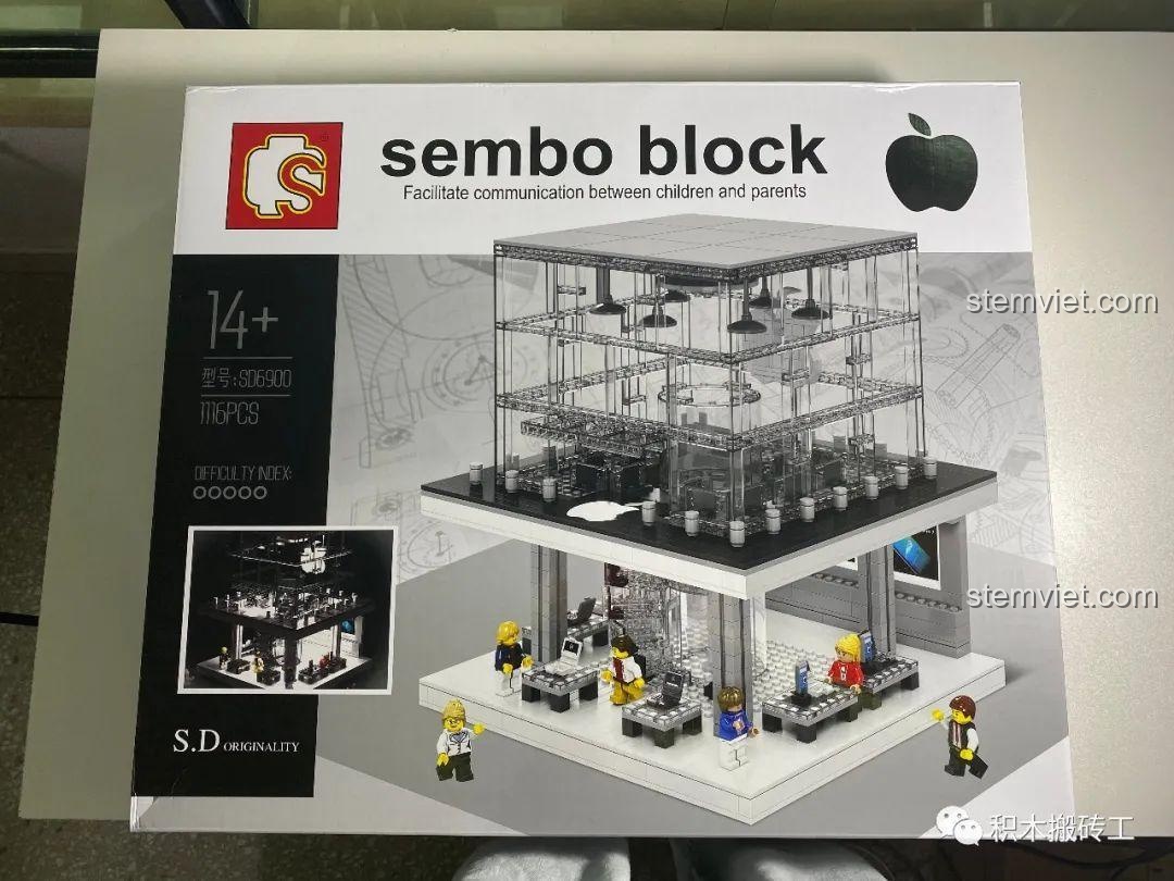 Mặt trước hộp bộ đồ chơi Sembo SD6900 Tòa nhà Apple Store với hình ảnh mô hình hoàn thiện và hiệu ứng đèn độc đáo.