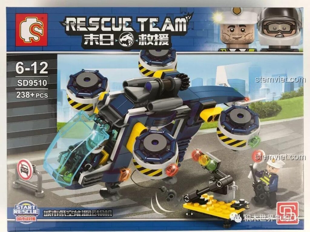 Mặt trước hộp đồ chơi lắp ráp Sembo SD9510 Máy bay Vận tải Năng lượng Tầm thấp với hình ảnh sản phẩm hoàn thiện và 2 minifigures.