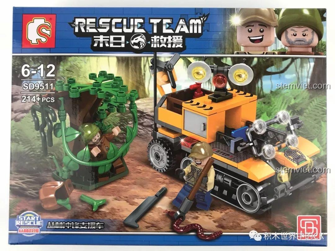 Mặt trước hộp bộ lắp ráp Sembo SD9511 Xe Hỗ Trợ Xung Kích Rừng Rậm, minh họa cảnh giải cứu trong rừng sâu.