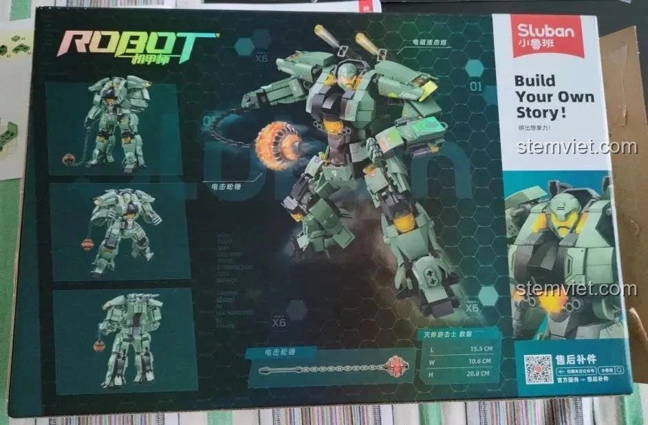 Mặt sau hộp bộ lắp ráp Sluban M38-B1153 Robot Diệt Tận Thế, hiển thị các góc nhìn khác của robot.
