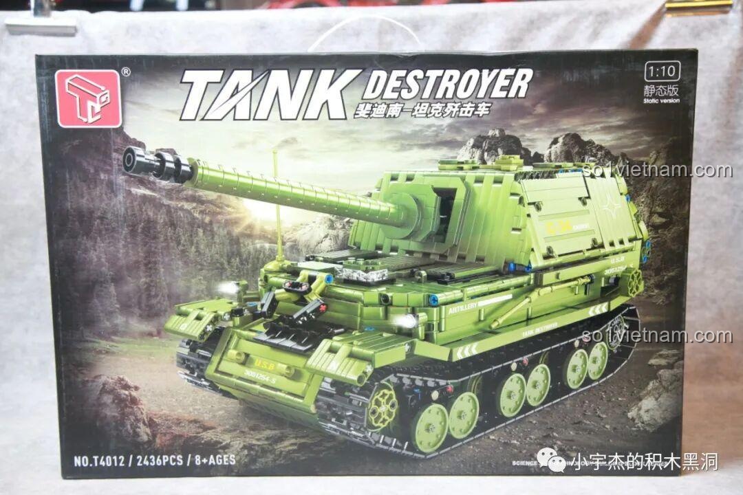 Hộp sản phẩm Taigao Le T4012 Xe Tăng Diệt Ferdinand với hình ảnh mô hình xe tăng màu xanh quân sự hầm hố, thu hút mọi ánh nhìn.