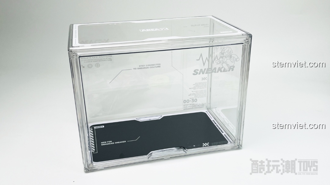 Hộp trưng bày acrylic sau khi lắp ráp từ bộ AREA-X AX0030, trong suốt và có các họa tiết công nghệ in sẵn.
