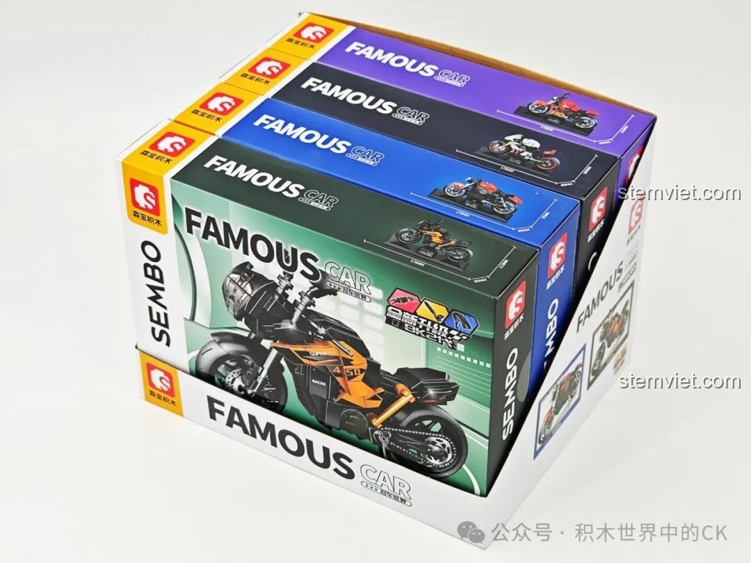 Hộp trưng bày lớn chứa bốn bộ lắp ráp mô tô SEMBO BK2, món quà lý tưởng cho bé trai 6 tuổi yêu thích xe cộ.
