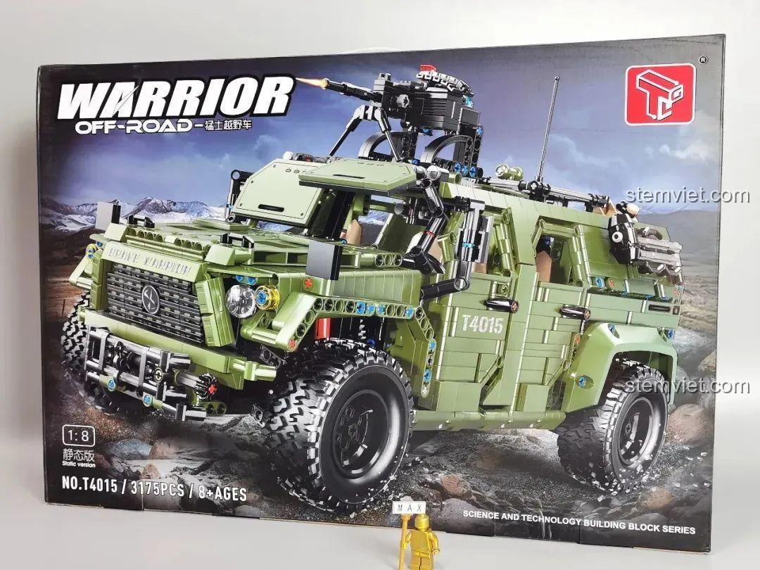 Hộp sản phẩm của bộ lắp ráp Xe Jeep Quân Sự Mạnh Mẽ Taigaole T4015, hiển thị hình ảnh mô hình và thông số kỹ thuật.