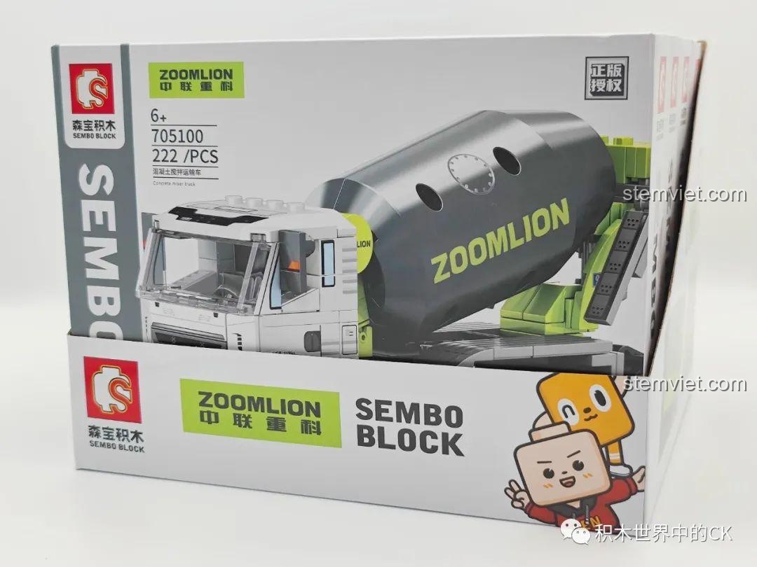 Hộp bộ lắp ráp xe trộn bê tông SEMBO 705100 Zoomlion, thiết kế đẹp mắt, thông tin sản phẩm rõ ràng, thu hút trẻ em 6 tuổi.