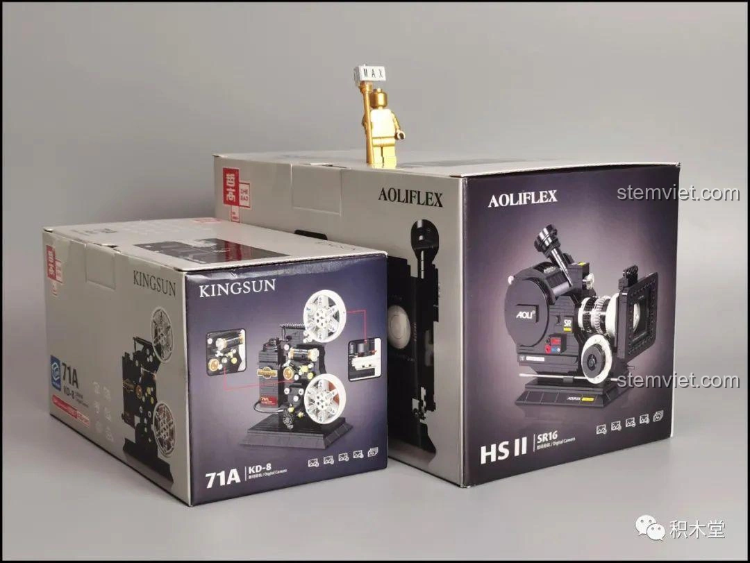 Hộp bộ lắp ráp Zhegao 00907 và 00906 với hình ảnh mô hình máy chiếu phim và máy quay phim.