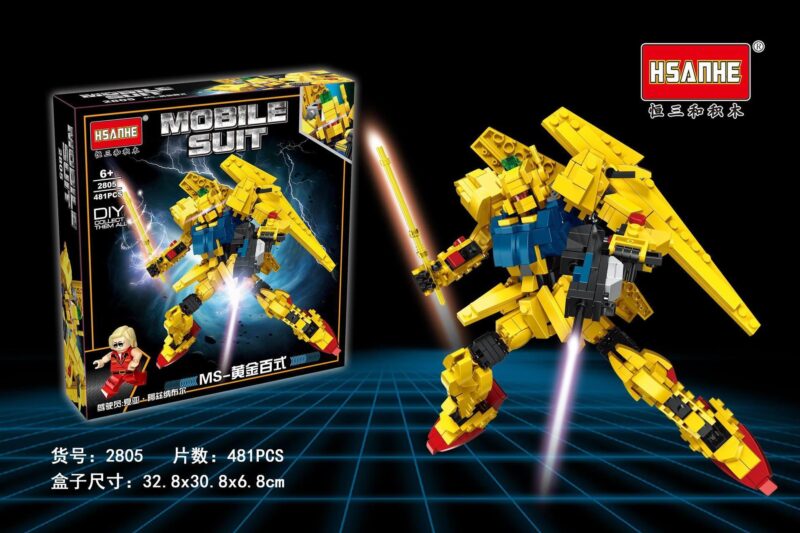 Bộ lắp ráp Mô hình Gundam Hoàng Kim Bách Thức HSANHE 2805 giá tốt cho bé trai 6 tuổi, hộp sản phẩm và mô hình robot chiến đấu Gundam vàng rực rỡ.