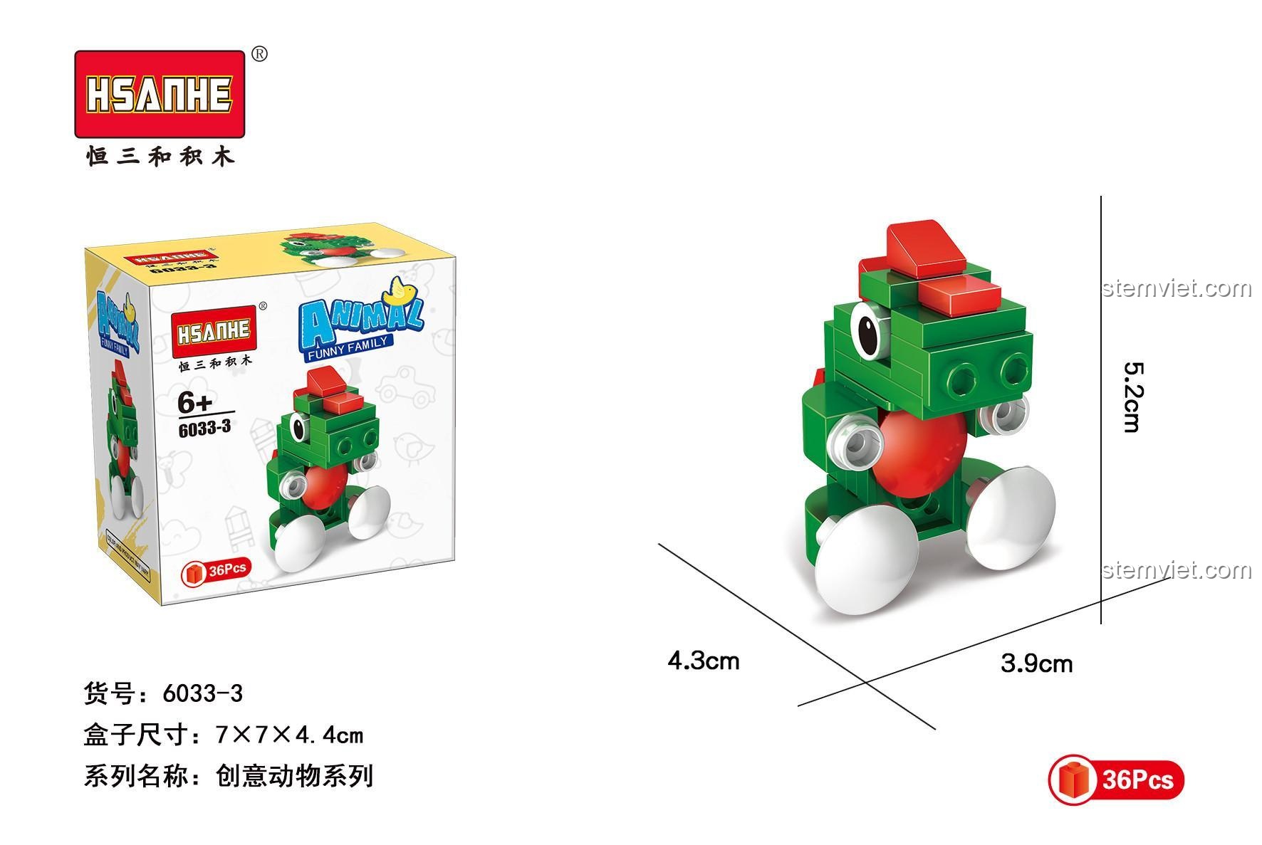 Kích thước mô hình rồng HSANHE 6033-3 và hộp sản phẩm.