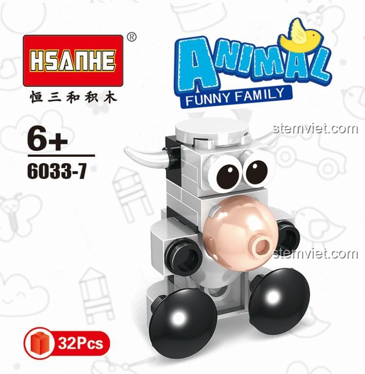 Hộp sản phẩm HSANHE 6033-7 lắp ráp mô hình bò sữa, 32 mảnh, cho bé 6+.