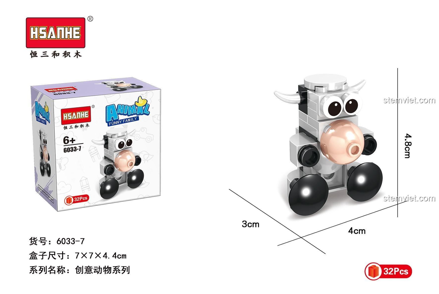 Kích thước mô hình bò sữa HSANHE 6033-7 và hộp sản phẩm.