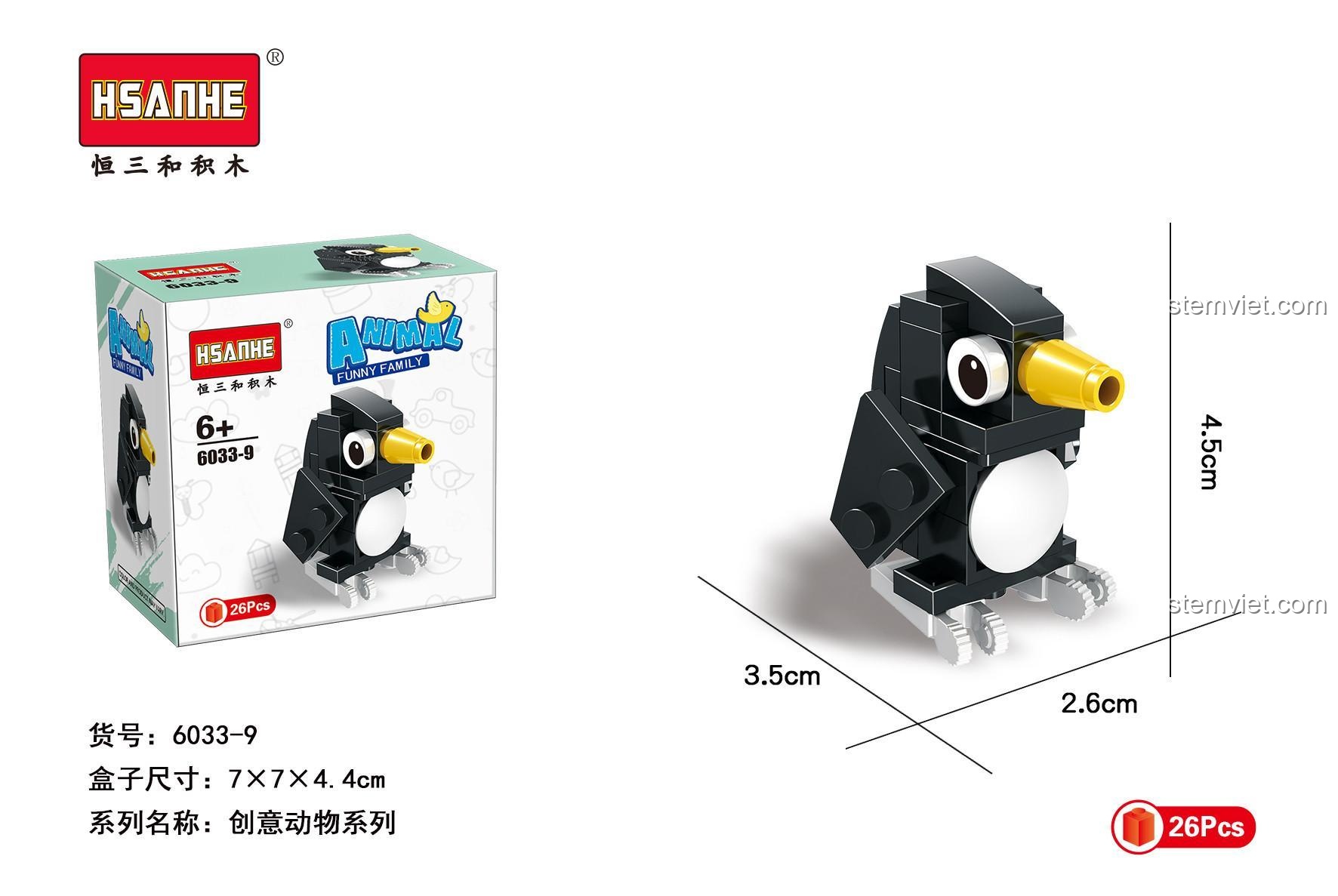 Kích thước mô hình chim cánh cụt HSANHE 6033-9 và hộp sản phẩm.