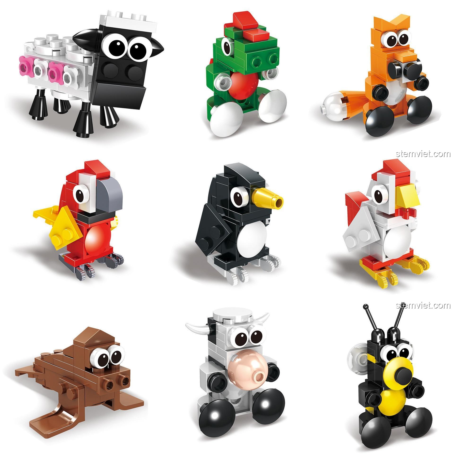 Các mô hình động vật lắp ráp HSANHE 6033, bao gồm cừu, rồng, cáo, vẹt, chim cánh cụt, gà trống, hải cẩu, bò sữa và ong.