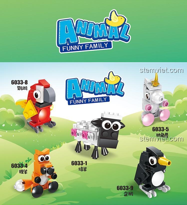 Cận cảnh các mô hình lắp ráp HSANHE 6033: vẹt, kỳ lân, cáo, cừu và chim cánh cụt.