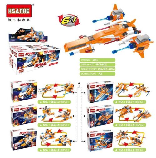 Bộ lắp ráp phi thuyền không gian HSANHE 6651 6 trong 1 với 518 mảnh ghép, đồ chơi sáng tạo cho bé trai 6 tuổi.