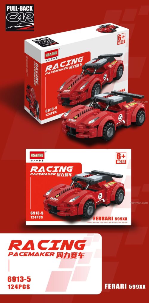 Ferrari 599XX đỏ, bộ đồ chơi lắp ghép xe đua HSANHE 6913-5, 124 chi tiết, phù hợp cho bé trai 6 tuổi, có động cơ kéo lùi, giá tốt