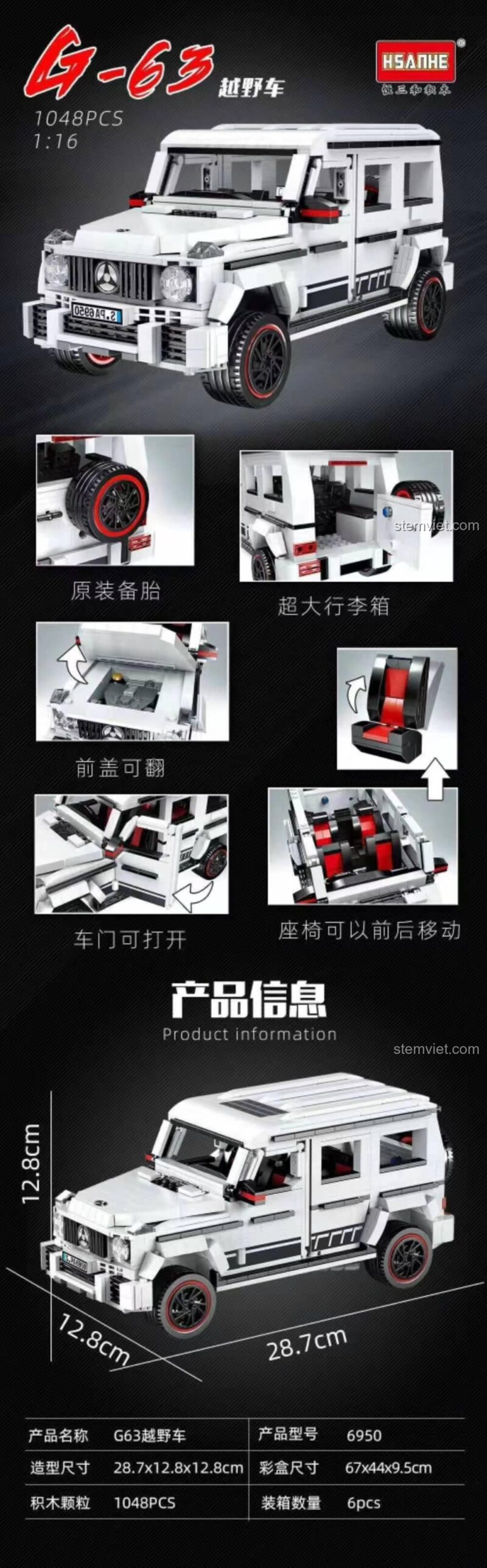 Chi tiết mô hình xe Mercedes-Benz G63 màu trắng tỉ lệ 1:16 HSANHE 6950