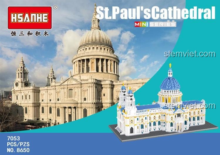 Vỏ hộp của bộ xếp hình 8650 Nhà thờ Thánh Paul, với hình ảnh sản phẩm hoàn thiện và logo hãng HSANHE.