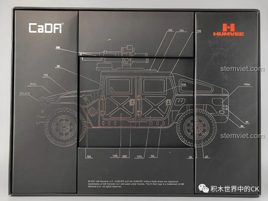 Hộp đồ chơi lắp ráp xe Humvee H1 quân sự tỉ lệ 1:8 của CaDA với hình ảnh phác thảo