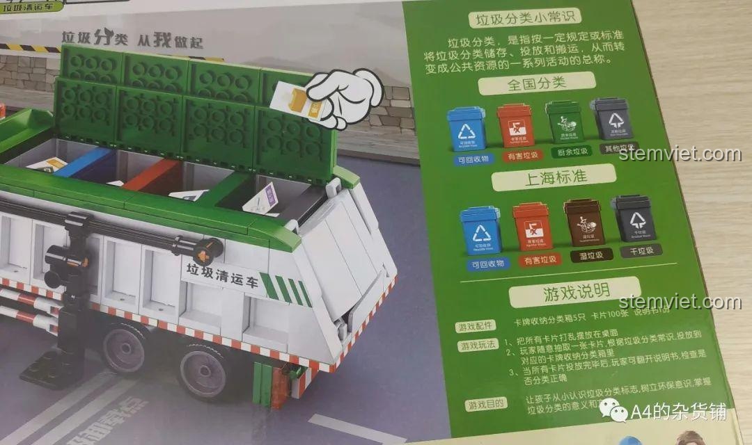 Cận cảnh hướng dẫn trò chơi phân loại rác trên hộp đồ chơi xây dựng Xe Thu Gom Rác Thành Phố M38 B0780.