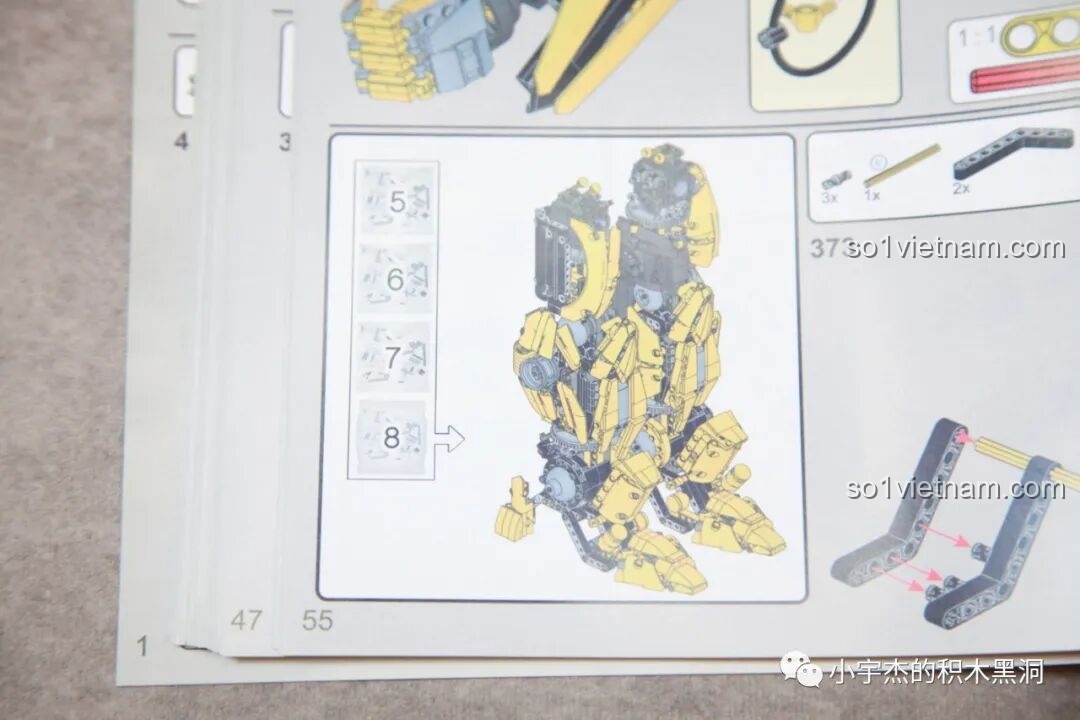 Trang hướng dẫn lắp ráp phần chân, chỉ dẫn sử dụng các túi mảnh ghép từ 5 đến 8 cho bộ K-BOX V5007.