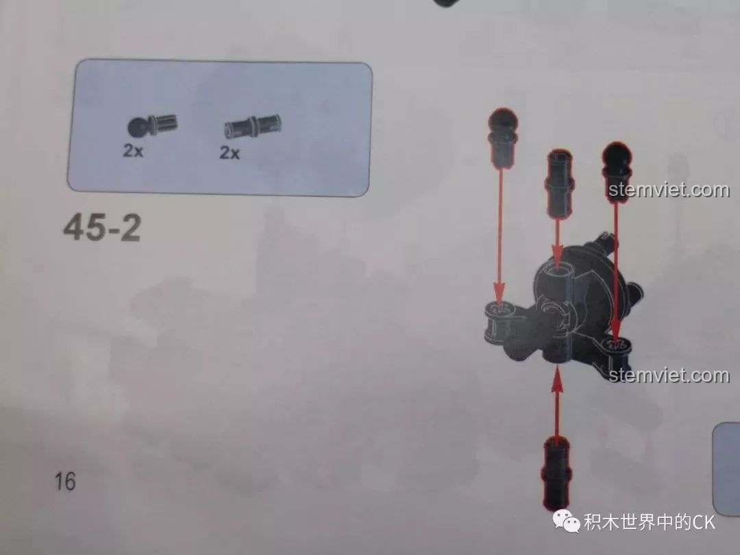 Hướng dẫn trong sách chỉ vị trí lắp ráp các chốt không khấc cho bộ phận của xe Mould King 13070.