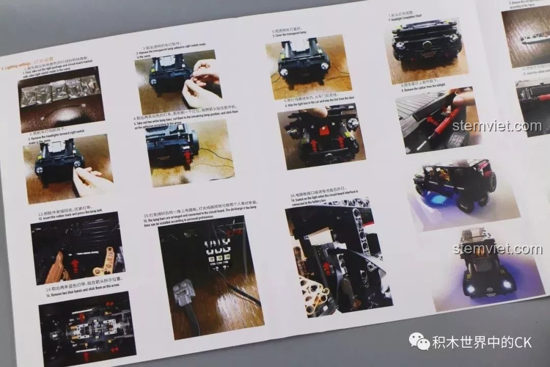 Các bước hướng dẫn lắp đặt hệ thống đèn LED vào xe Mould King 13070 một cách chi tiết và trực quan.