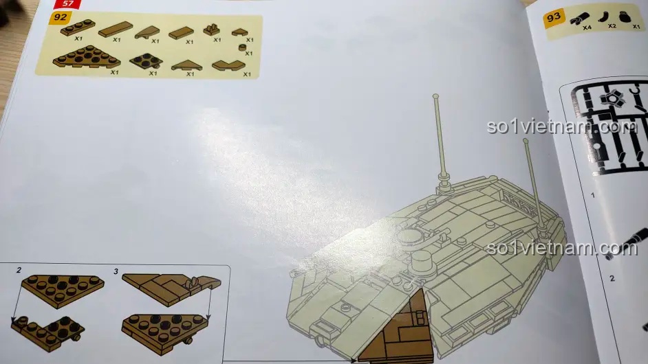 Hướng dẫn lắp ráp bước 92, lắp các tấm giáp bên hông tháp pháo cho mô hình xe tăng Merkava MK4 Sluban.