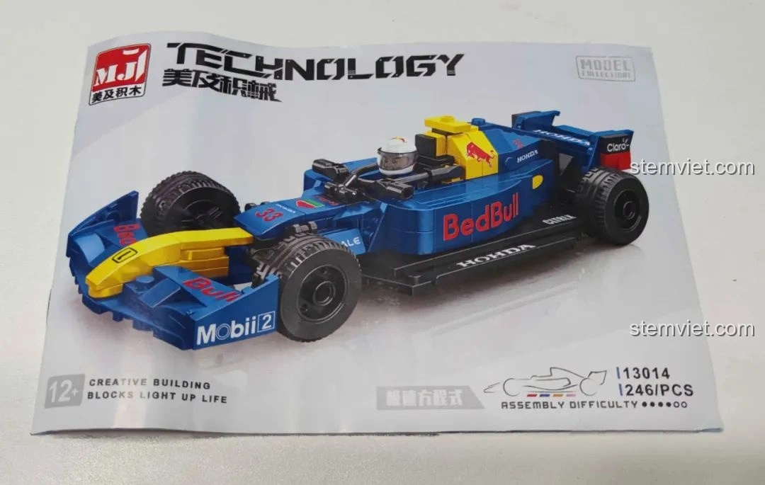 Sách hướng dẫn lắp ráp bộ MJ Technology 13014 xe đua F1 màu xanh đỏ, minh họa rõ ràng từng bước.