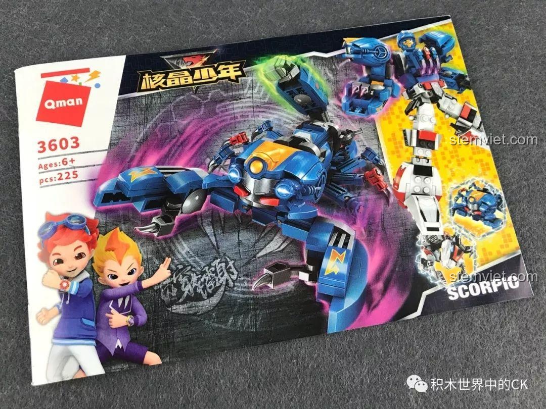 Sách hướng dẫn lắp ráp chi tiết của bộ đồ chơi mô hình Robot Bọ Cạp Điện Quang Hạch Tinh Thiếu Niên QMAN 3603.