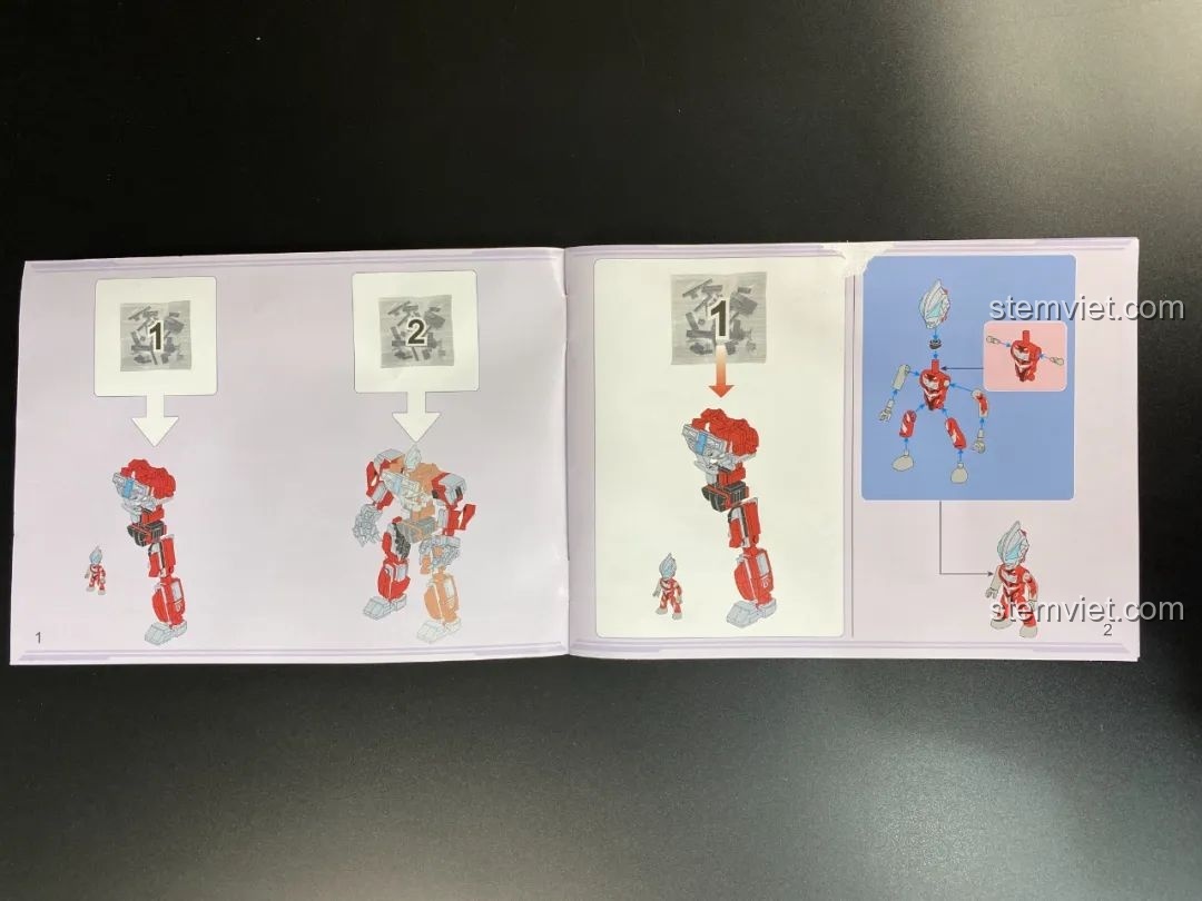 Các bước hướng dẫn lắp ráp đầu tiên trong sách của bộ QMAN 75047, so sánh kích thước minifigure và robot.