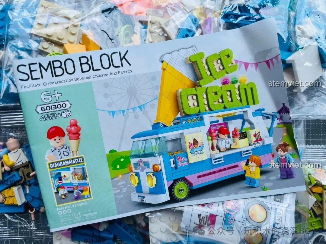 Sách hướng dẫn lắp ráp chi tiết và các mảnh ghép của bộ đồ chơi mô hình Xe Kem Đường Phố SEMBO 601300.