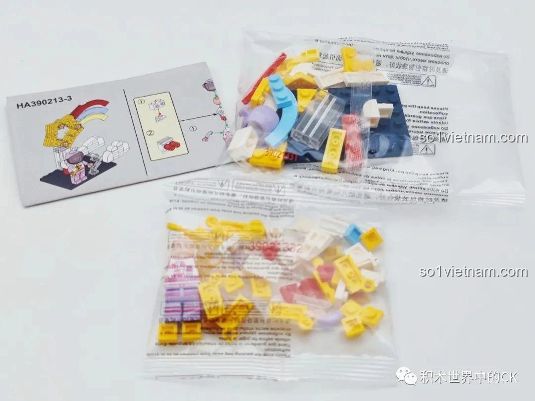 Hướng dẫn lắp ráp và các túi mảnh ghép của mô hình Phi hành gia tím Wishing Meteor, một phần của bộ đồ chơi WISE BLOCK HA390213.