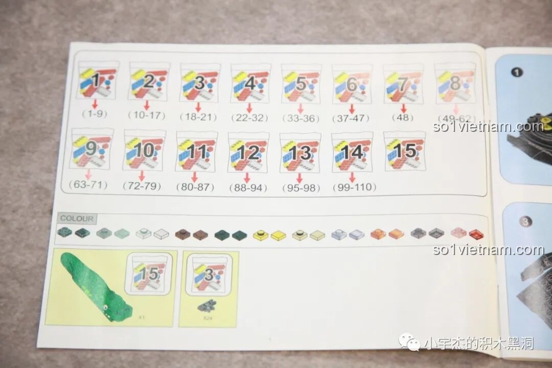 Trang hướng dẫn chỉ rõ các bước lắp ráp tương ứng với 15 túi chi tiết của bộ Sluban M38-B0850.